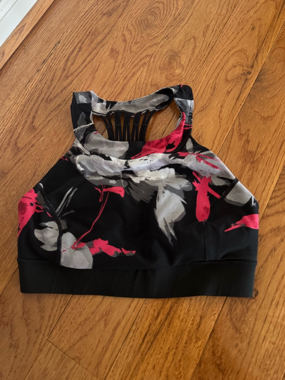 Black Floral Sports Bra with Strappy Back